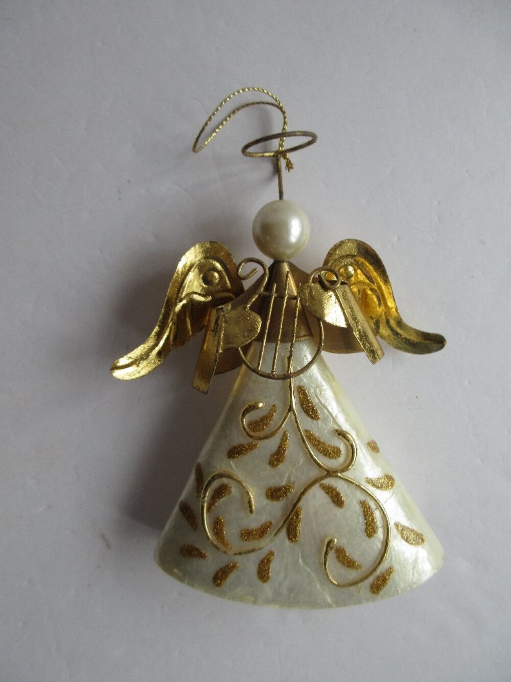 Capiz Shell Angel with Harp Gold Tone Metal Faux Pearl Head Christmas Ornament